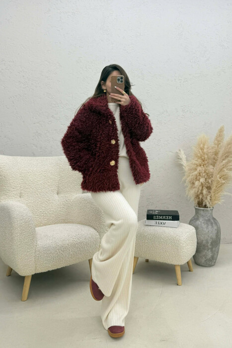ONE COLOR SHEEP SKIN GOLDEN BUTTONS WOMAN COAT BURGUNDY/VISHNJE - 4