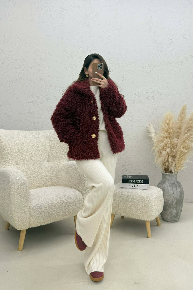ONE COLOR SHEEP SKIN GOLDEN BUTTONS WOMAN COAT BURGUNDY/VISHNJE - 4