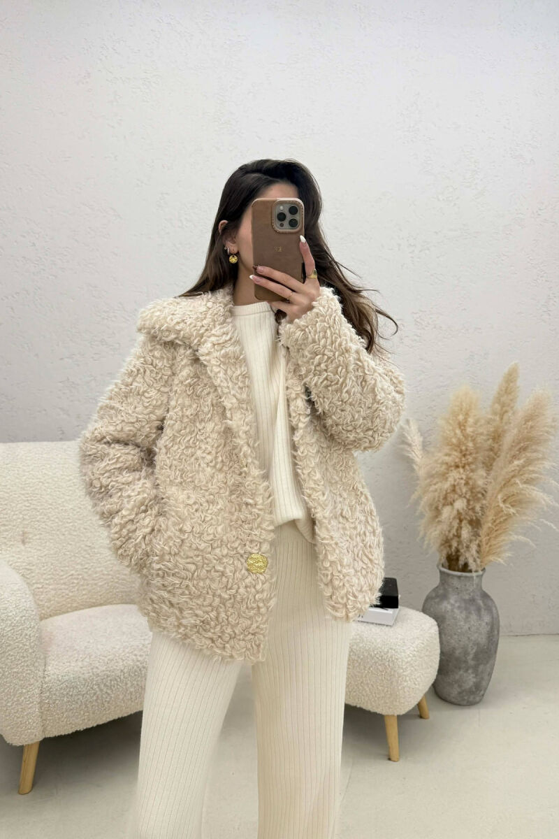 ONE COLOR SHEEP SKIN GOLDEN BUTTONS WOMAN COAT CREAM/KREM - 1