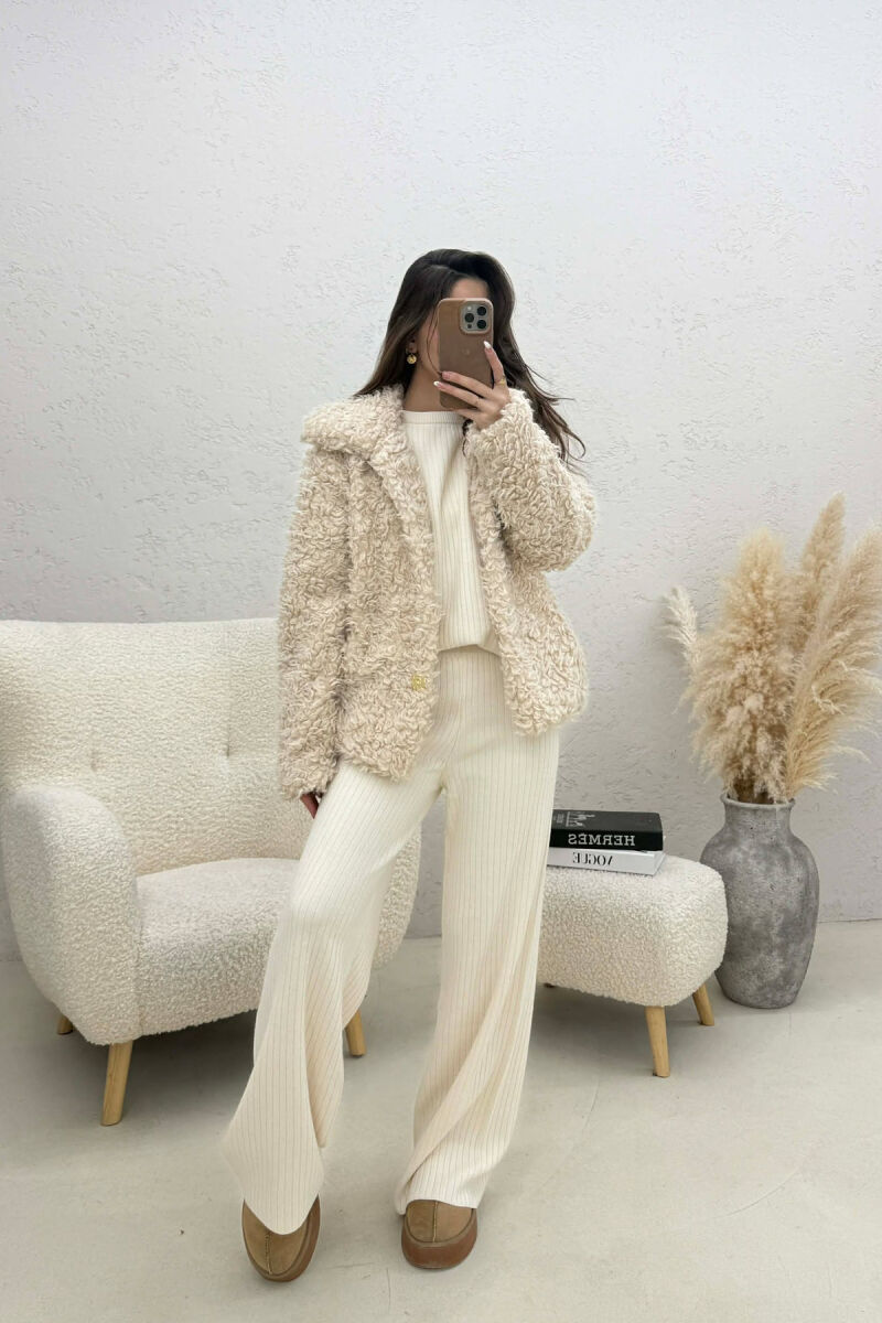 ONE COLOR SHEEP SKIN GOLDEN BUTTONS WOMAN COAT CREAM/KREM - 3