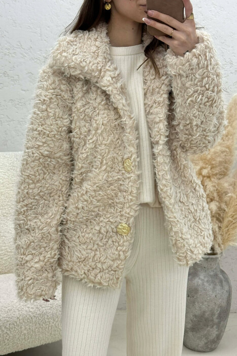 ONE COLOR SHEEP SKIN GOLDEN BUTTONS WOMAN COAT CREAM/KREM - 4