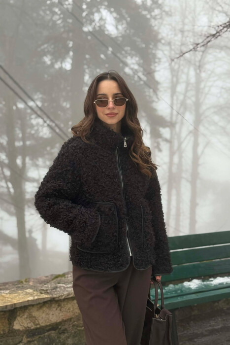 ONE COLOR SHEEP SKIN ZIPPER TWO FRONT POCKETS WOMAN COAT BLACK/ E ZEZE - 4