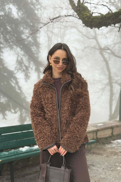 ONE COLOR SHEEP SKIN ZIPPER TWO FRONT POCKETS WOMAN COAT BROWN/KAFE 