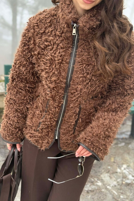 ONE COLOR SHEEP SKIN ZIPPER TWO FRONT POCKETS WOMAN COAT BROWN/KAFE - 2