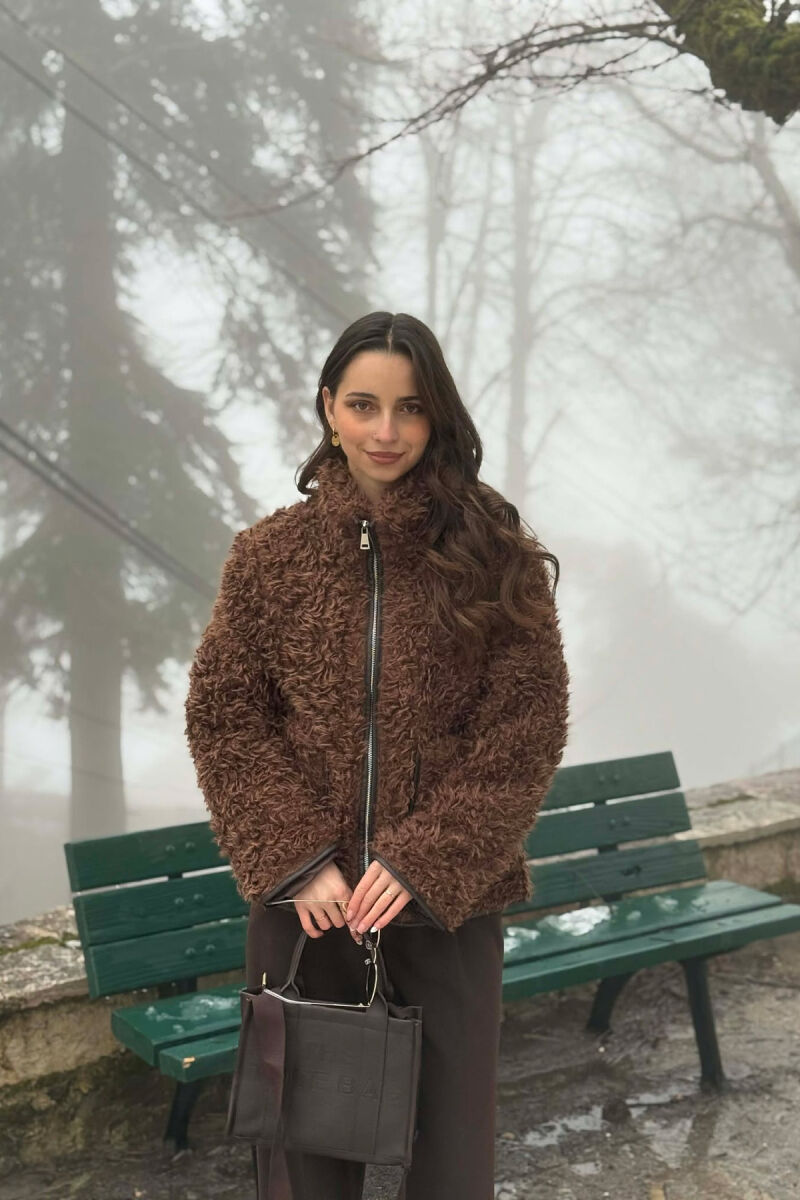 ONE COLOR SHEEP SKIN ZIPPER TWO FRONT POCKETS WOMAN COAT BROWN/KAFE - 3