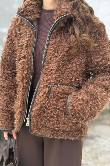 ONE COLOR SHEEP SKIN ZIPPER TWO FRONT POCKETS WOMAN COAT BROWN/KAFE - 5