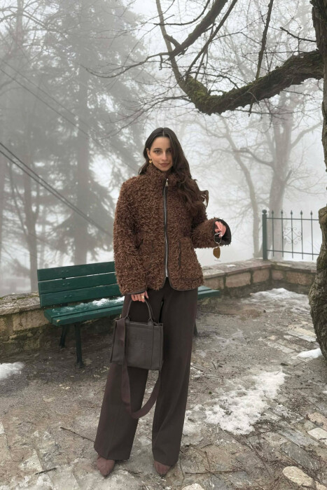 ONE COLOR SHEEP SKIN ZIPPER TWO FRONT POCKETS WOMAN COAT BROWN/KAFE - 6