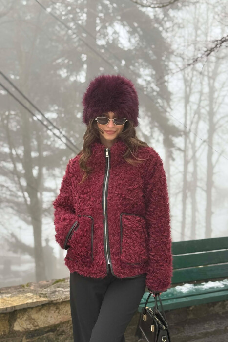 ONE COLOR SHEEP SKIN ZIPPER TWO FRONT POCKETS WOMAN COAT BURGUNDY/VISHNJE - KLAUDIO FASHION