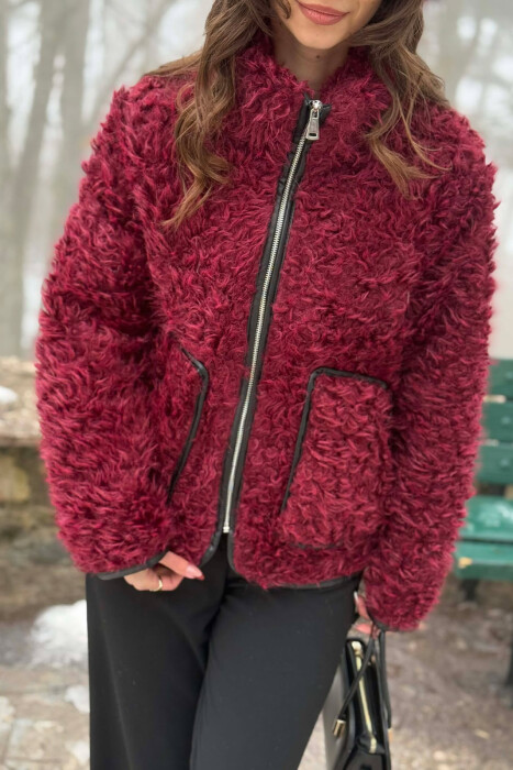 ONE COLOR SHEEP SKIN ZIPPER TWO FRONT POCKETS WOMAN COAT BURGUNDY/VISHNJE - 2