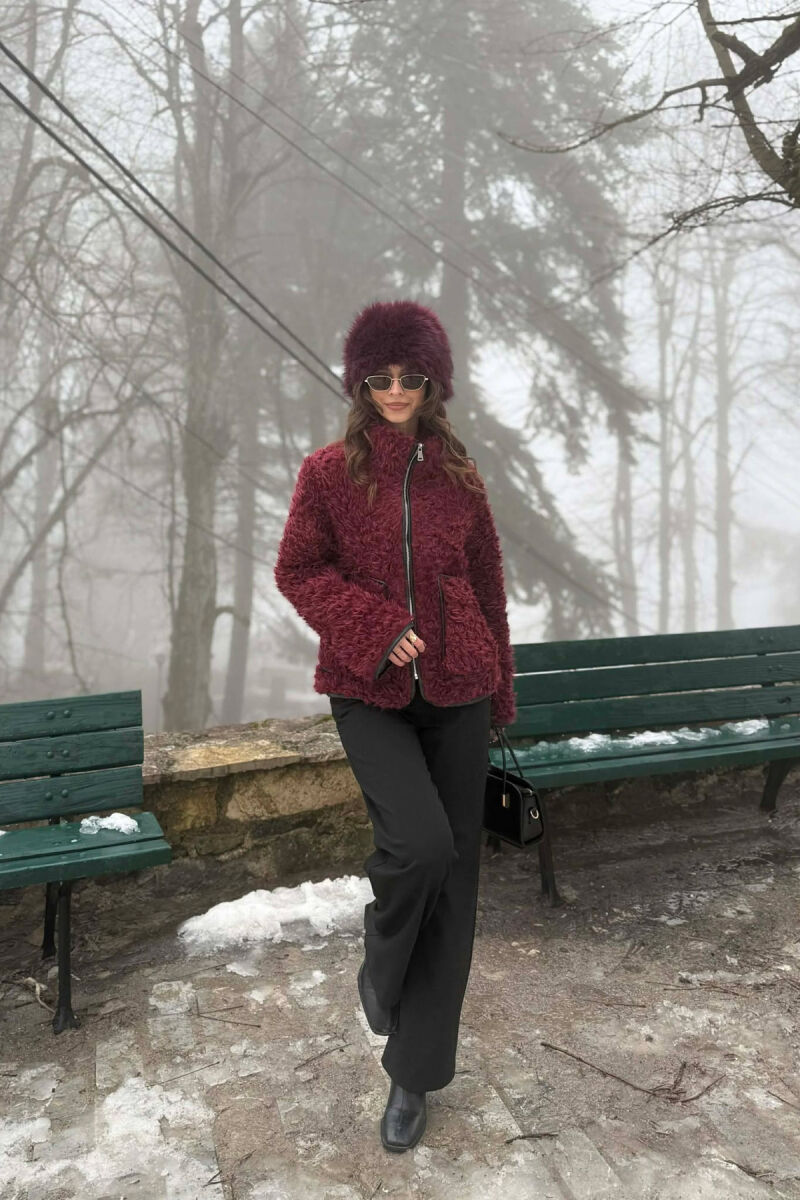 ONE COLOR SHEEP SKIN ZIPPER TWO FRONT POCKETS WOMAN COAT BURGUNDY/VISHNJE - 4