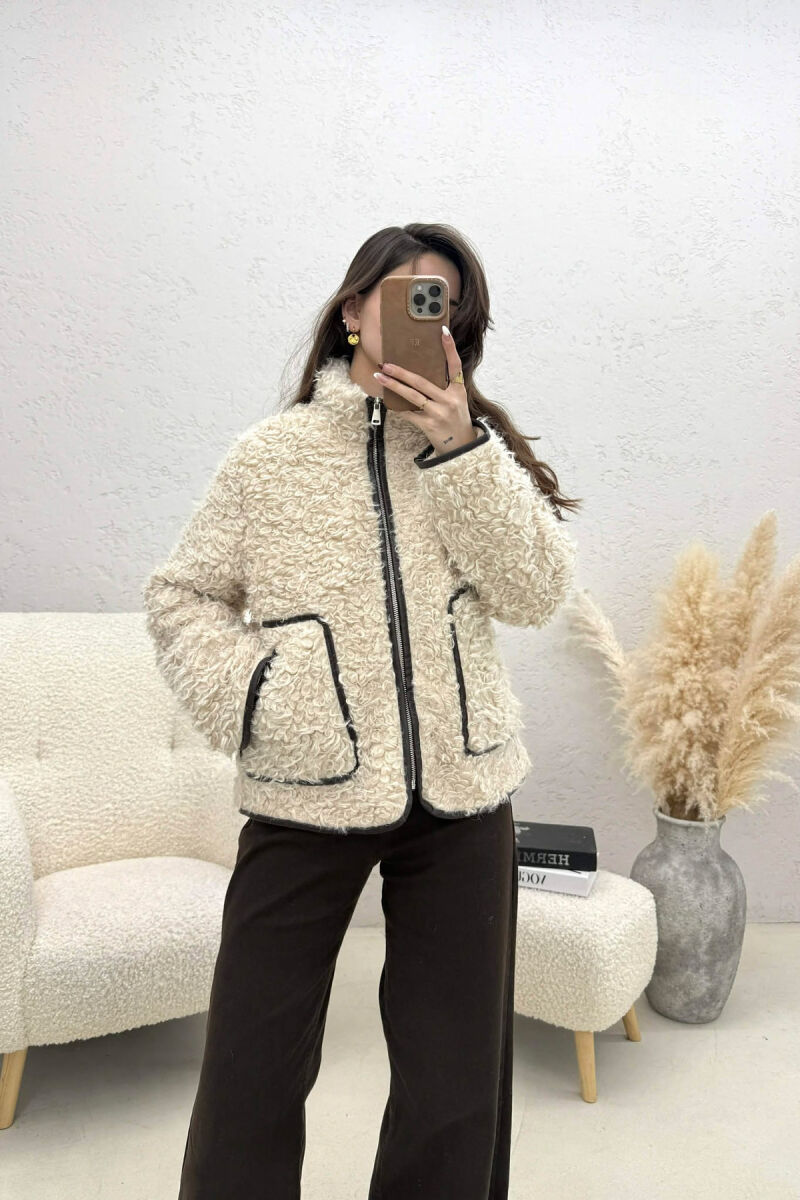 ONE COLOR SHEEP SKIN ZIPPER TWO FRONT POCKETS WOMAN COAT CREAM/KREM - 1