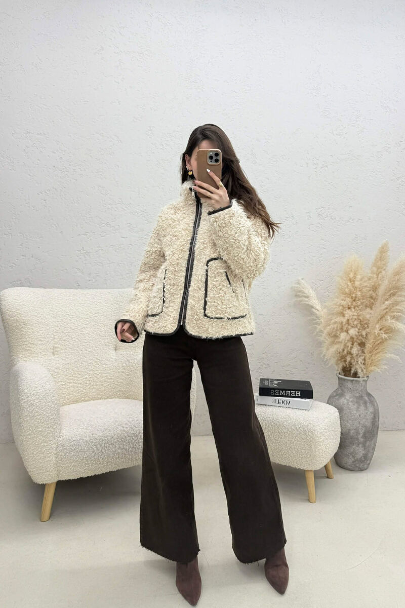 ONE COLOR SHEEP SKIN ZIPPER TWO FRONT POCKETS WOMAN COAT CREAM/KREM - 2