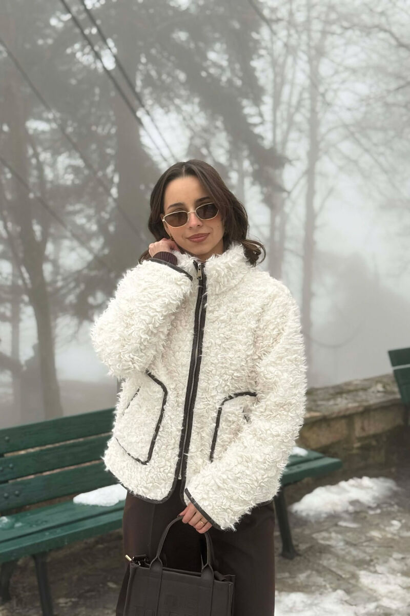 ONE COLOR SHEEP SKIN ZIPPER TWO FRONT POCKETS WOMAN COAT WHITE-E BARDHE - 1