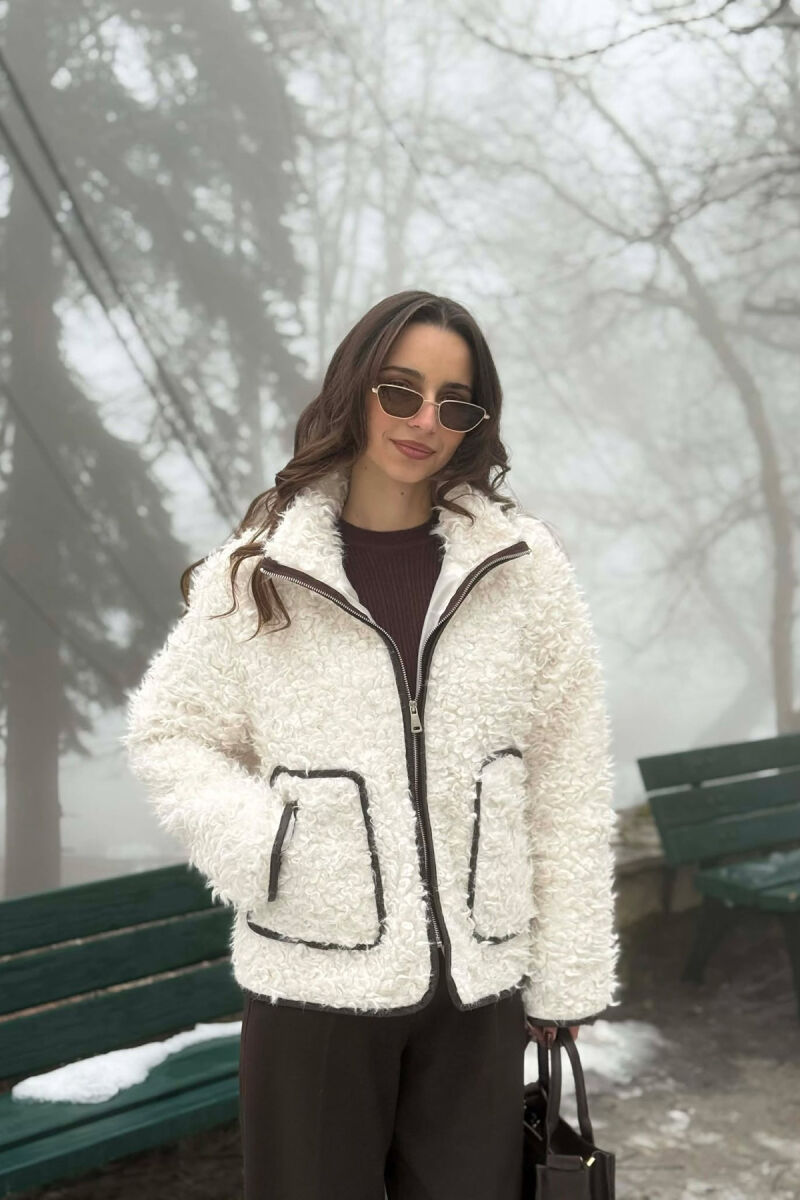 ONE COLOR SHEEP SKIN ZIPPER TWO FRONT POCKETS WOMAN COAT WHITE-E BARDHE - 3
