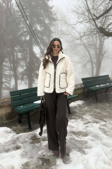 ONE COLOR SHEEP SKIN ZIPPER TWO FRONT POCKETS WOMAN COAT WHITE-E BARDHE - 6