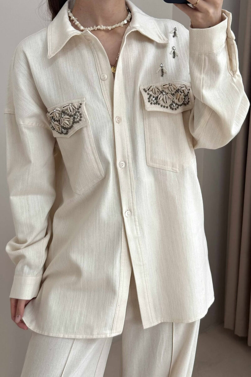 ONE COLOR SHELL DETAILS WOMEN SHIRT CREAM/KREM - 3