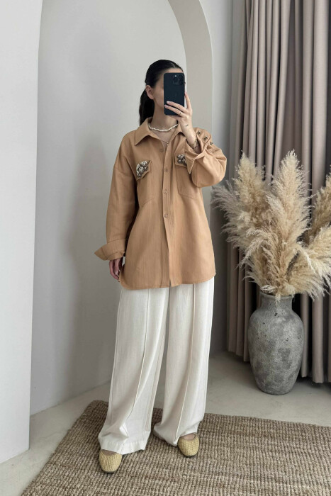 ONE COLOR SHELL DETAILS WOMEN SHIRT LIGHT BROWN/KAZB - 2