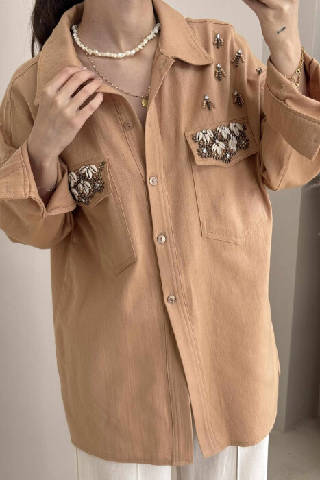 ONE COLOR SHELL DETAILS WOMEN SHIRT LIGHT BROWN/KAZB - 3