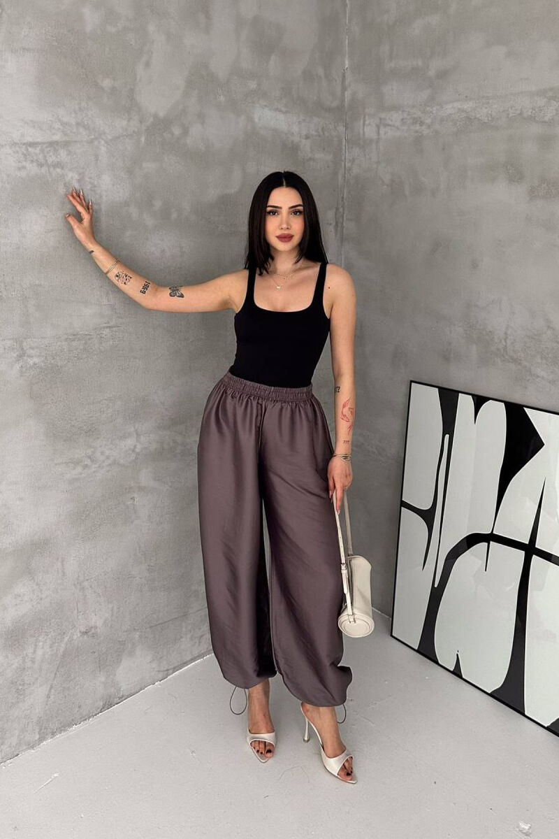 ONE COLOR SHINY BALLON WOMAN TROUSERS LIGHT BROWN/KAZB - 1