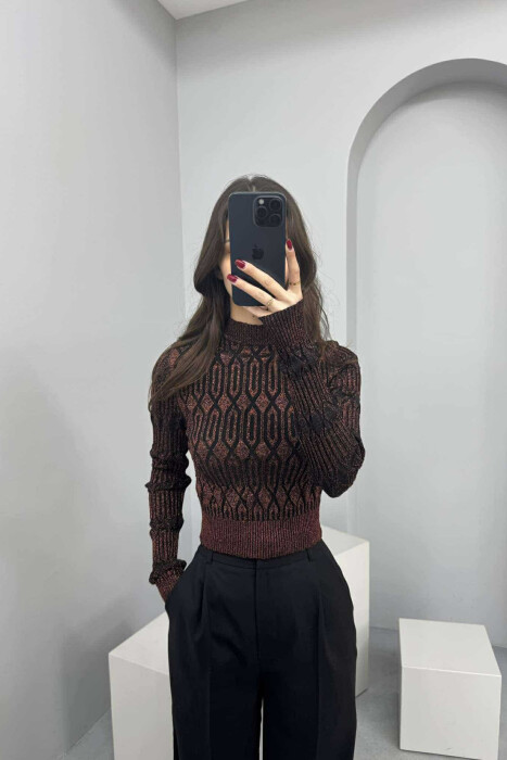 ONE COLOR SHINY SEMI NECK WOMEN SWEATER BRONX/BRONX - KLAUDIO FASHION