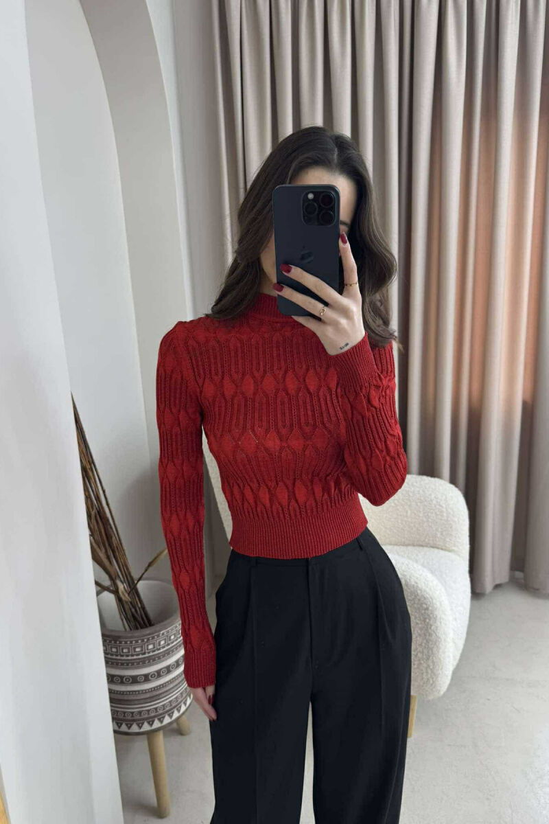 ONE COLOR SHINY SEMI NECK WOMEN SWEATER RED/E KUQE - 1
