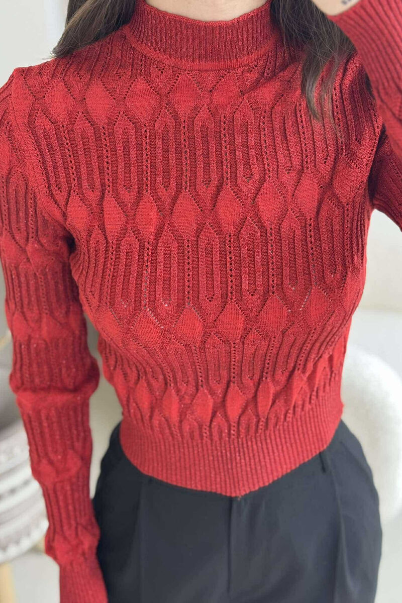 ONE COLOR SHINY SEMI NECK WOMEN SWEATER RED/E KUQE - 3