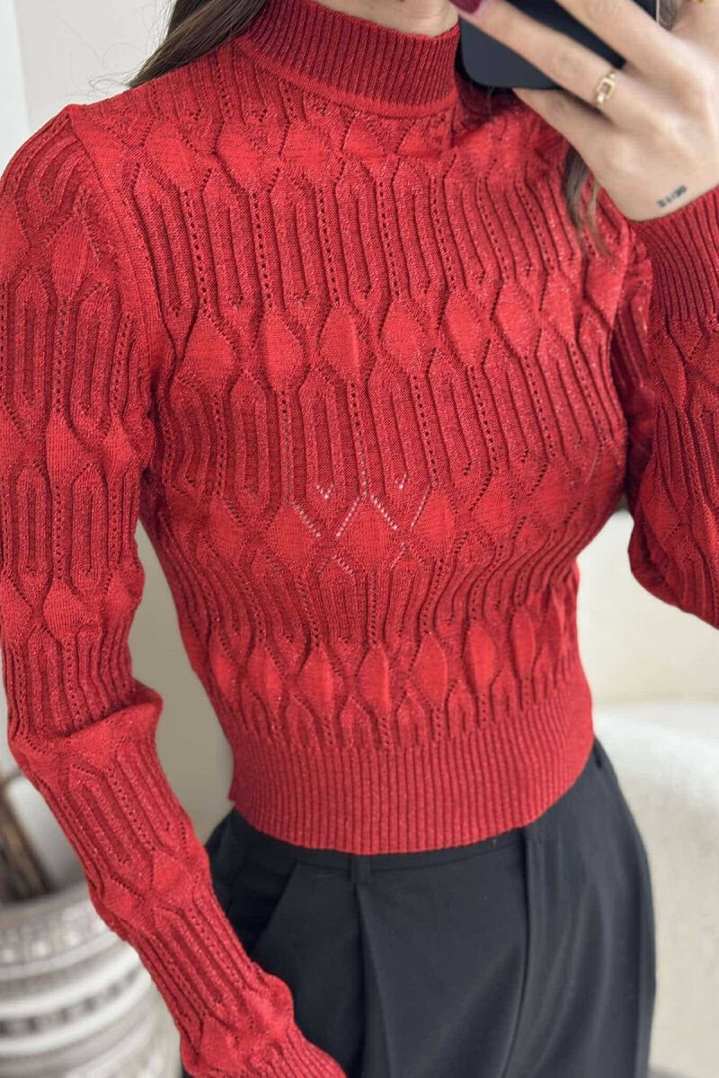 ONE COLOR SHINY SEMI NECK WOMEN SWEATER RED/E KUQE - 4