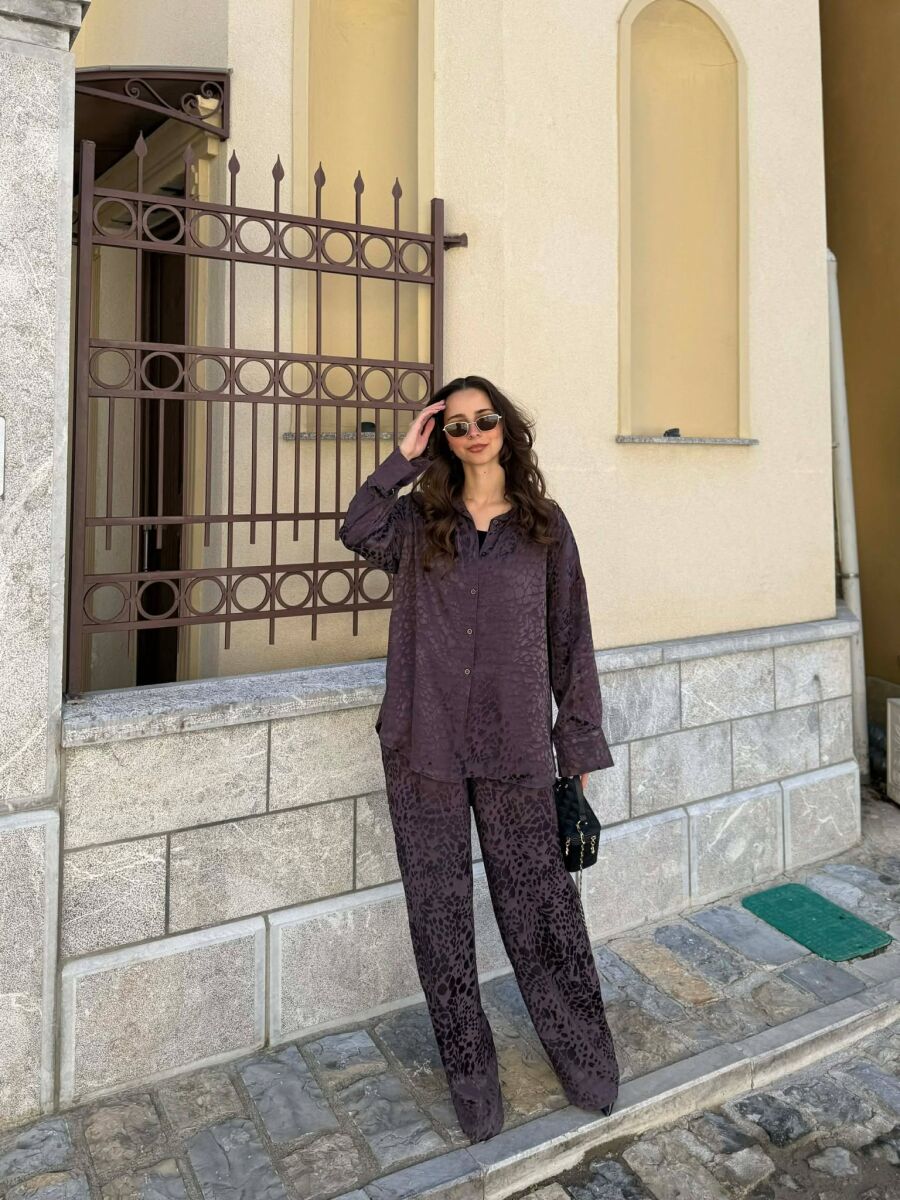 ONE COLOR SHINY SHIRT + TROUSERS WOMAN SET BROWN/KAFE - 1
