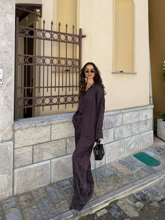 ONE COLOR SHINY SHIRT + TROUSERS WOMAN SET BROWN/KAFE - 2