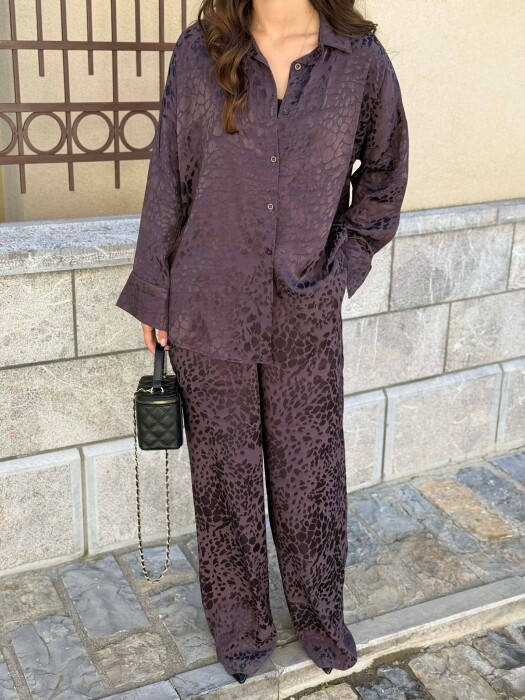 ONE COLOR SHINY SHIRT + TROUSERS WOMAN SET BROWN/KAFE - 4
