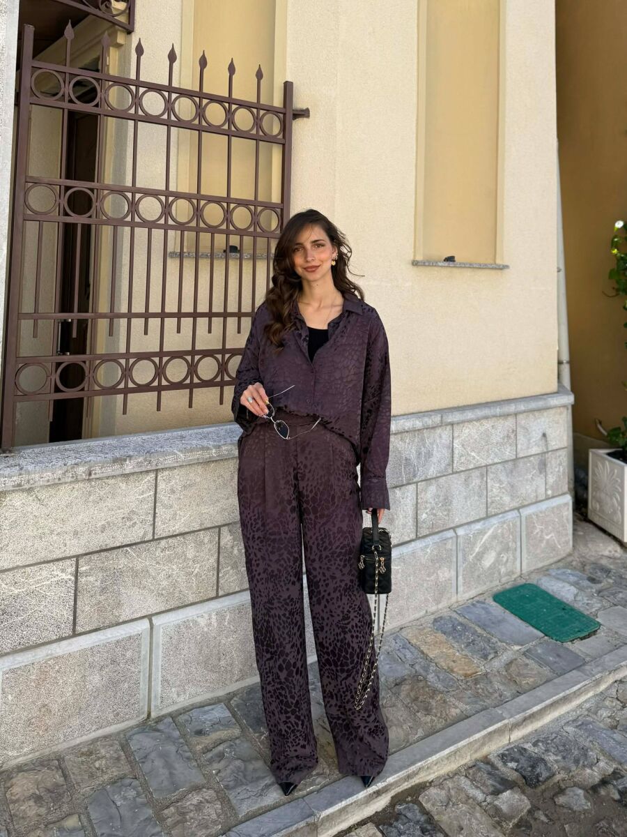 ONE COLOR SHINY SHIRT + TROUSERS WOMAN SET BROWN/KAFE - 5