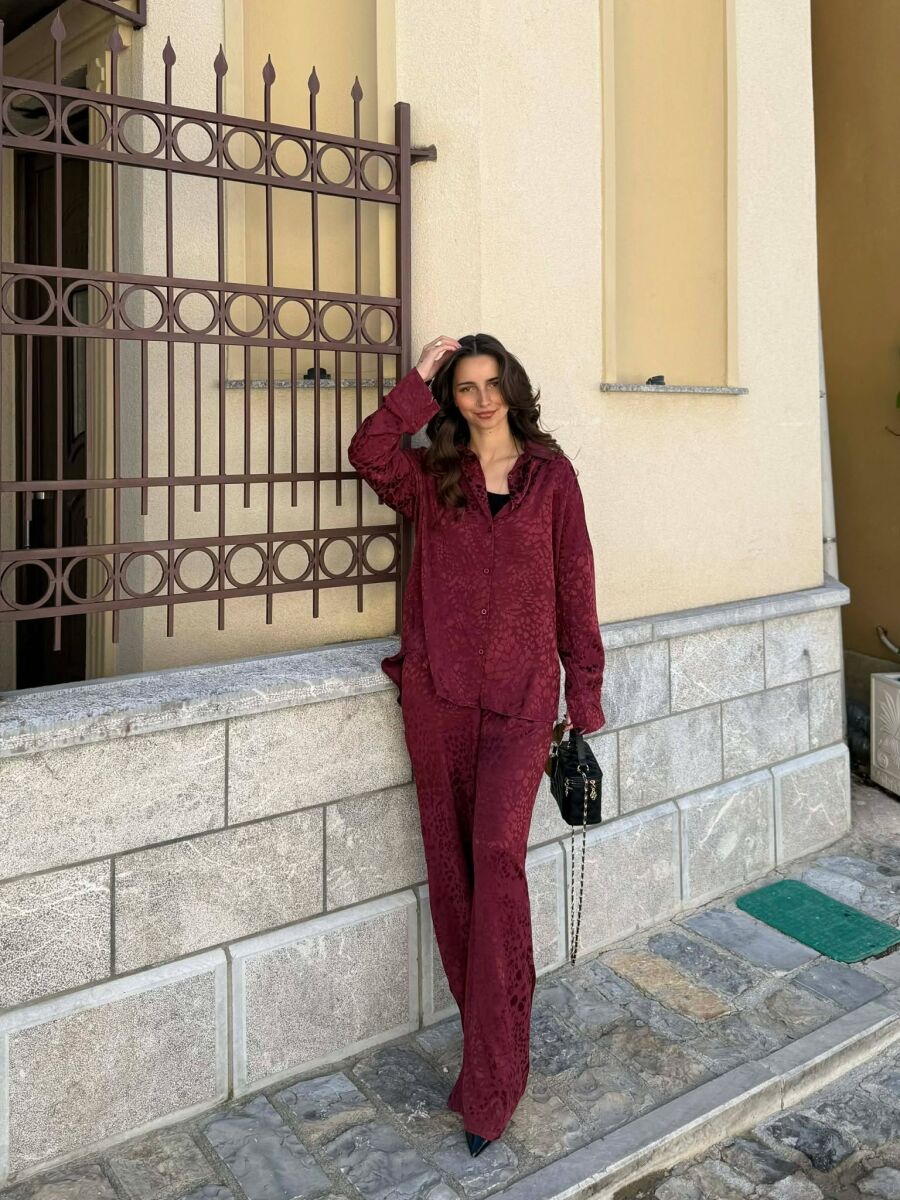 ONE COLOR SHINY SHIRT + TROUSERS WOMAN SET BURGUNDY/VISHNJE - 1