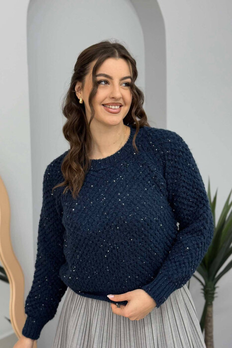ONE COLOR SHINY WOMEN SWEATER DARK BLUE/BEE - 1