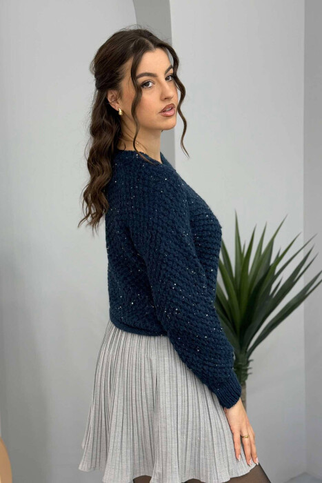 ONE COLOR SHINY WOMEN SWEATER DARK BLUE/BEE - 2