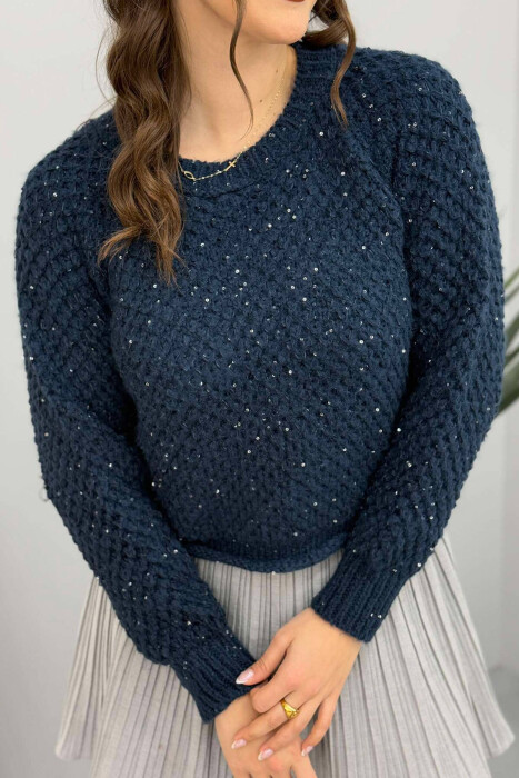 ONE COLOR SHINY WOMEN SWEATER DARK BLUE/BEE - 3