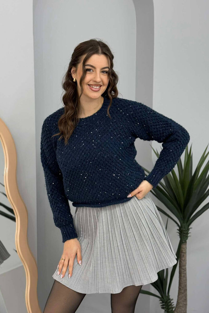 ONE COLOR SHINY WOMEN SWEATER DARK BLUE/BEE - 4