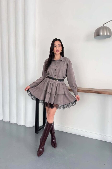 ONE COLOR SHIRT+ BELT DETAIL SKORTS WOMAN SET GREY/GRI - KLAUDIO FASHION