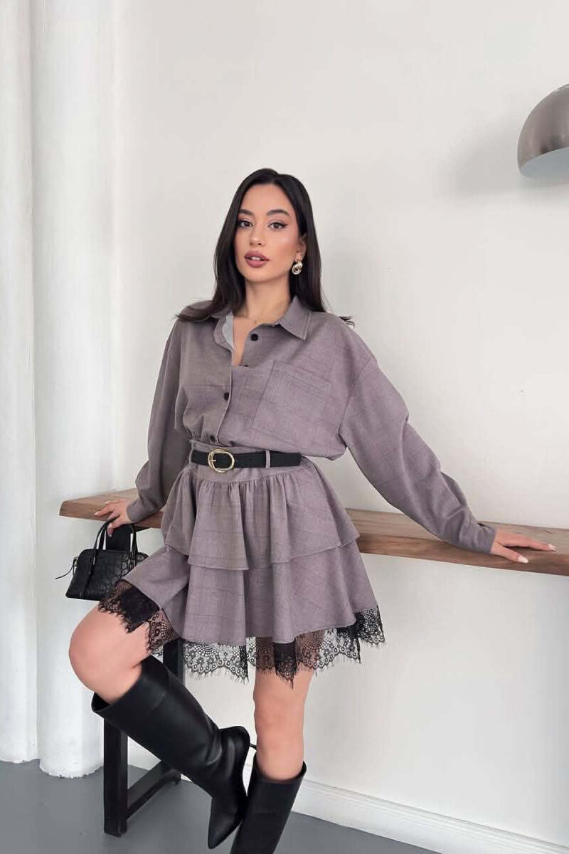 ONE COLOR SHIRT+ BELT DETAIL SKORTS WOMAN SET LIGHT BROWN/KAZB - 2