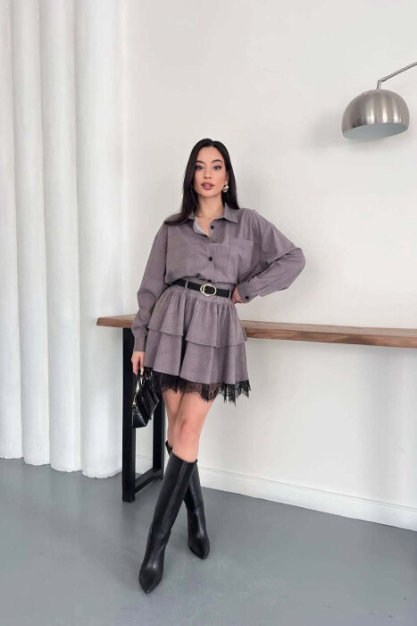 ONE COLOR SHIRT+ BELT DETAIL SKORTS WOMAN SET LIGHT BROWN/KAZB - 4