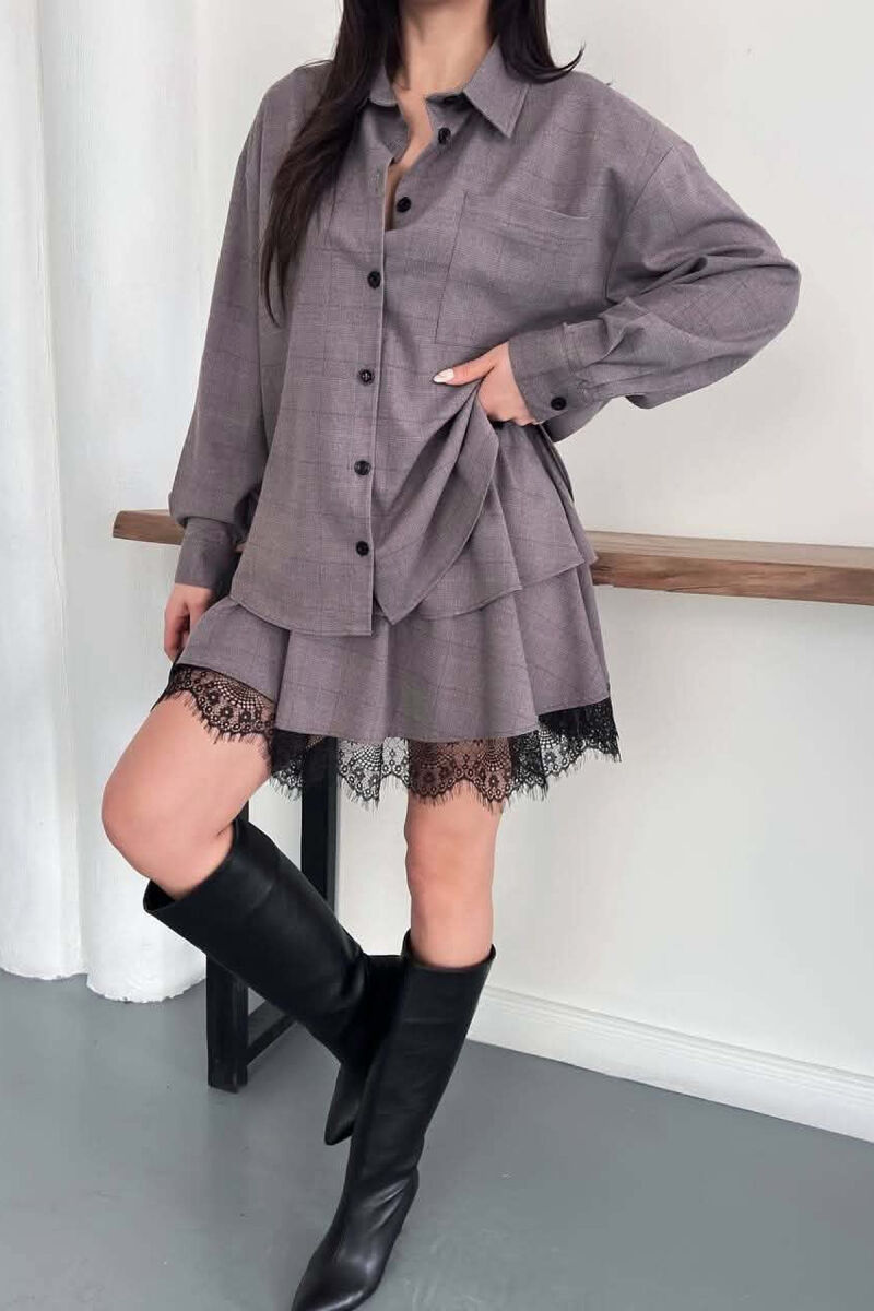 ONE COLOR SHIRT+ BELT DETAIL SKORTS WOMAN SET LIGHT BROWN/KAZB - 5