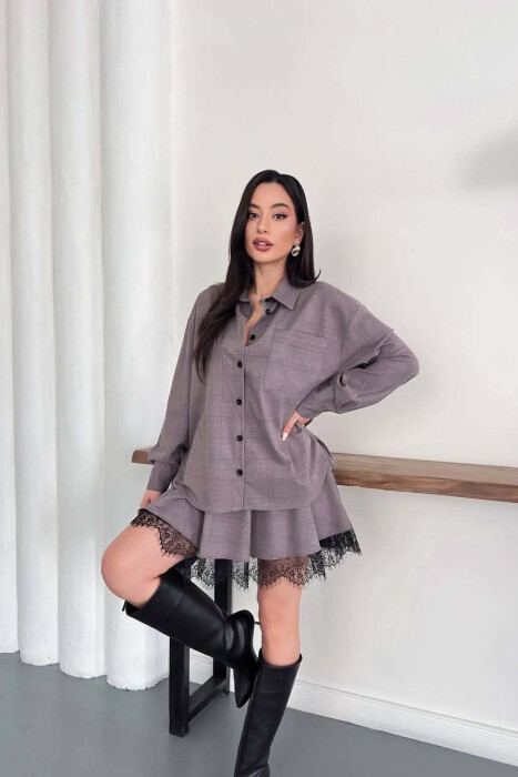ONE COLOR SHIRT+ BELT DETAIL SKORTS WOMAN SET LIGHT BROWN/KAZB - 6