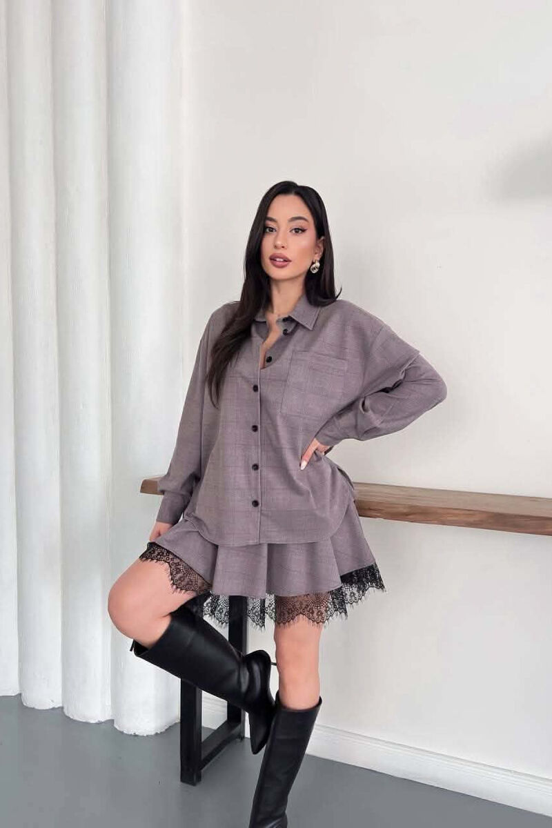 ONE COLOR SHIRT+ BELT DETAIL SKORTS WOMAN SET LIGHT BROWN/KAZB - 6