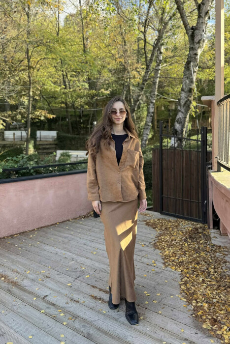 ONE COLOR SHIRT+ SKIRT WOMEN SET BROWN/KAFE - KLAUDIO FASHION