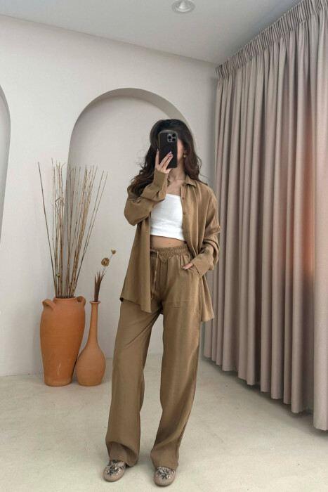 ONE COLOR SHIRT + TROUSERS WOMAN SET LIGHT BROWN/KAZB 
