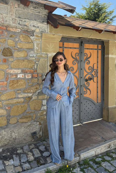 ONE COLOR SHIRT + TROUSERS WOMAN SET LIGHTBLUE/BZ - KLAUDIO FASHION