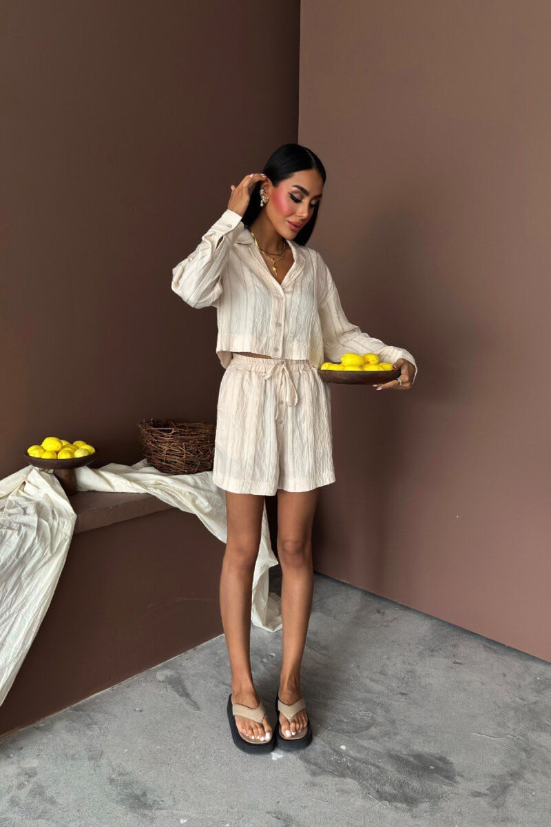 ONE COLOR SHIRT+SHORTS WOMEN SET CREAM/KREM - 1