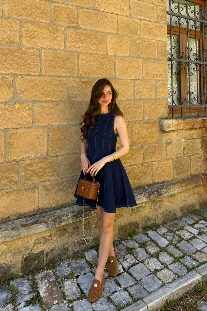 ONE COLOR SHORT DENIM WOMAN DRESS DARK BLUE/BEE - 1