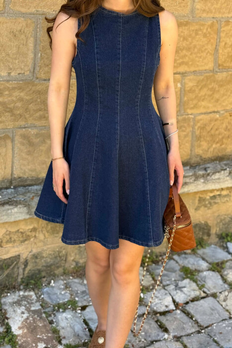 ONE COLOR SHORT DENIM WOMAN DRESS DARK BLUE/BEE - 2