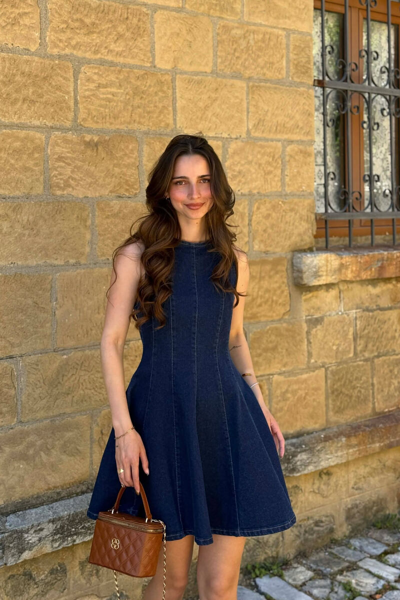 ONE COLOR SHORT DENIM WOMAN DRESS DARK BLUE/BEE - 3