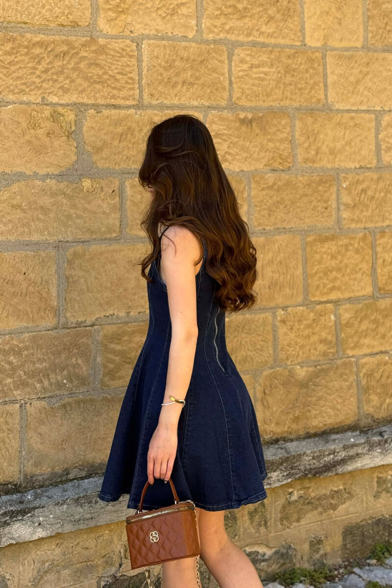 ONE COLOR SHORT DENIM WOMAN DRESS DARK BLUE/BEE - 4